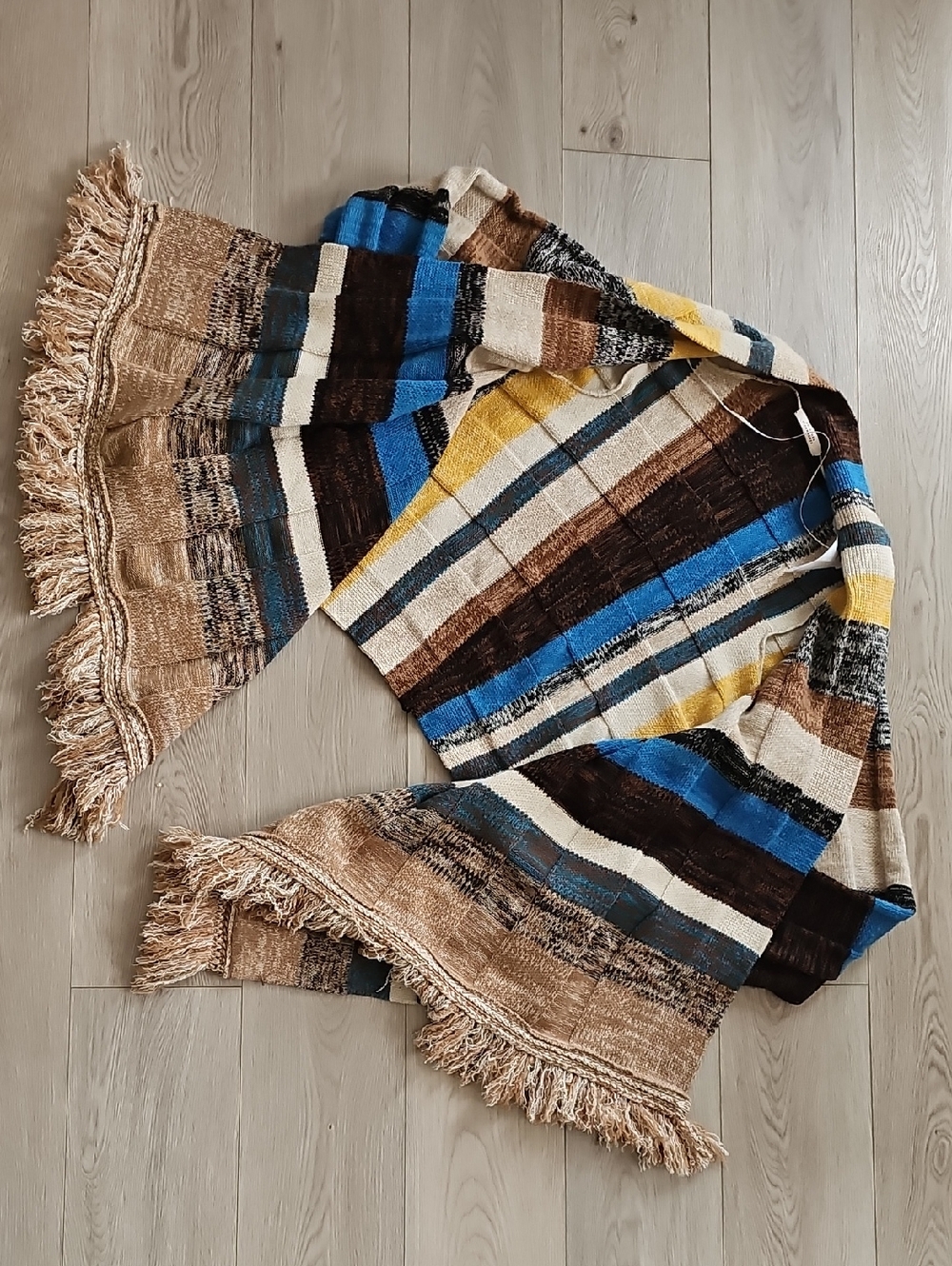 Dorothee Schumacher Wool Cashmere Fringe‎ Stripe Blanket Cardigan Wrap Sweater